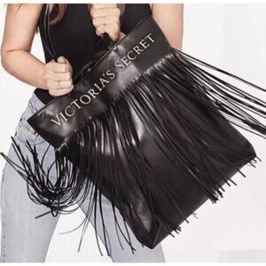Victoria's Secret Black Faux Leather Tote with Fringe New NWT